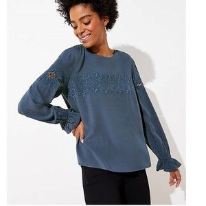 NWT LOFT Embroidered Lace Yoke Top Blouse Blue XS